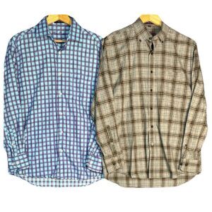 Lot of 2 Alan Flusser Mens Shirt Button Up Cotton Long Sleeve Plaid Check Medium